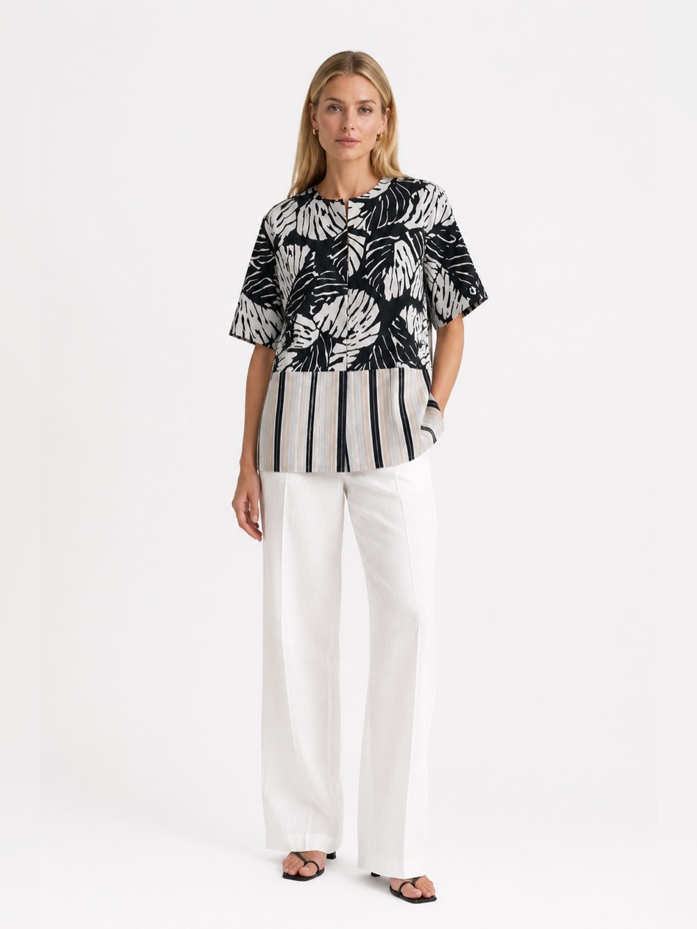 Socapri Monochrome Leaf Print Women's Blouse